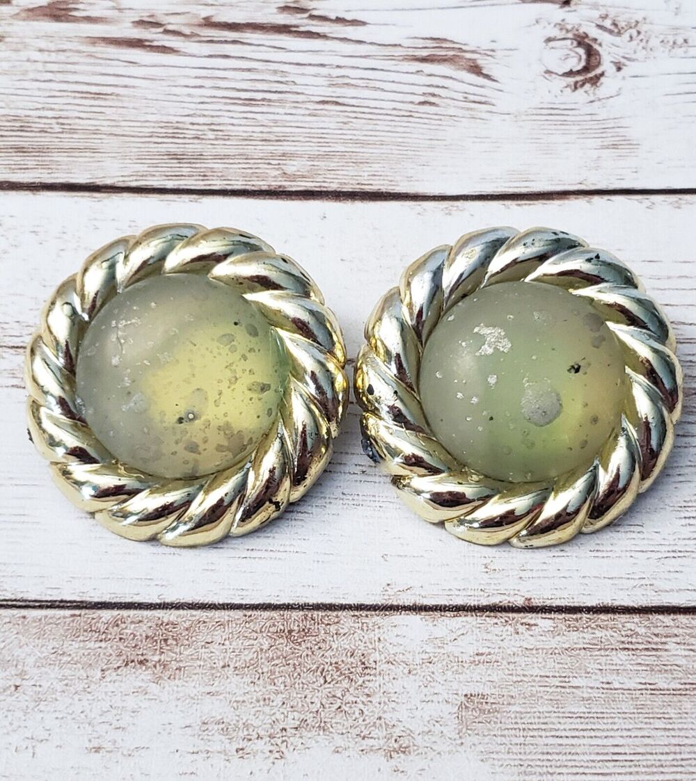 Vintage Clip On Earrings - 1 & 5/8" Speckled Green & Gold Tone Large Statement